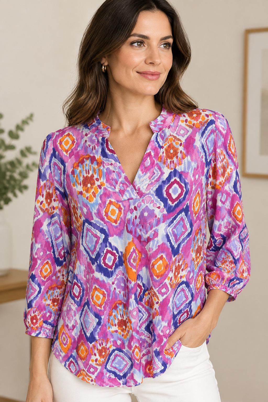 Magenta Diamond Print 3/4 Sleeve Top