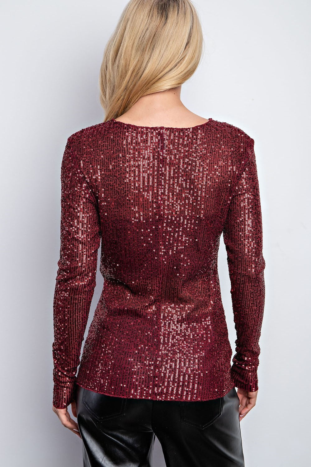 Burgundy long sleeve sequin top for women.