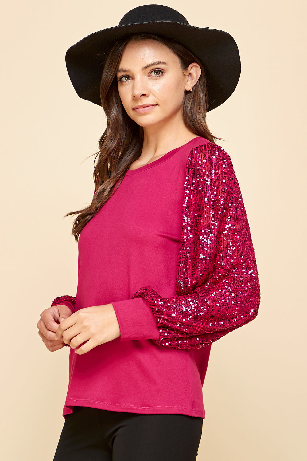 Women’s magenta solid top with sequin sleeves – elegant party blouse