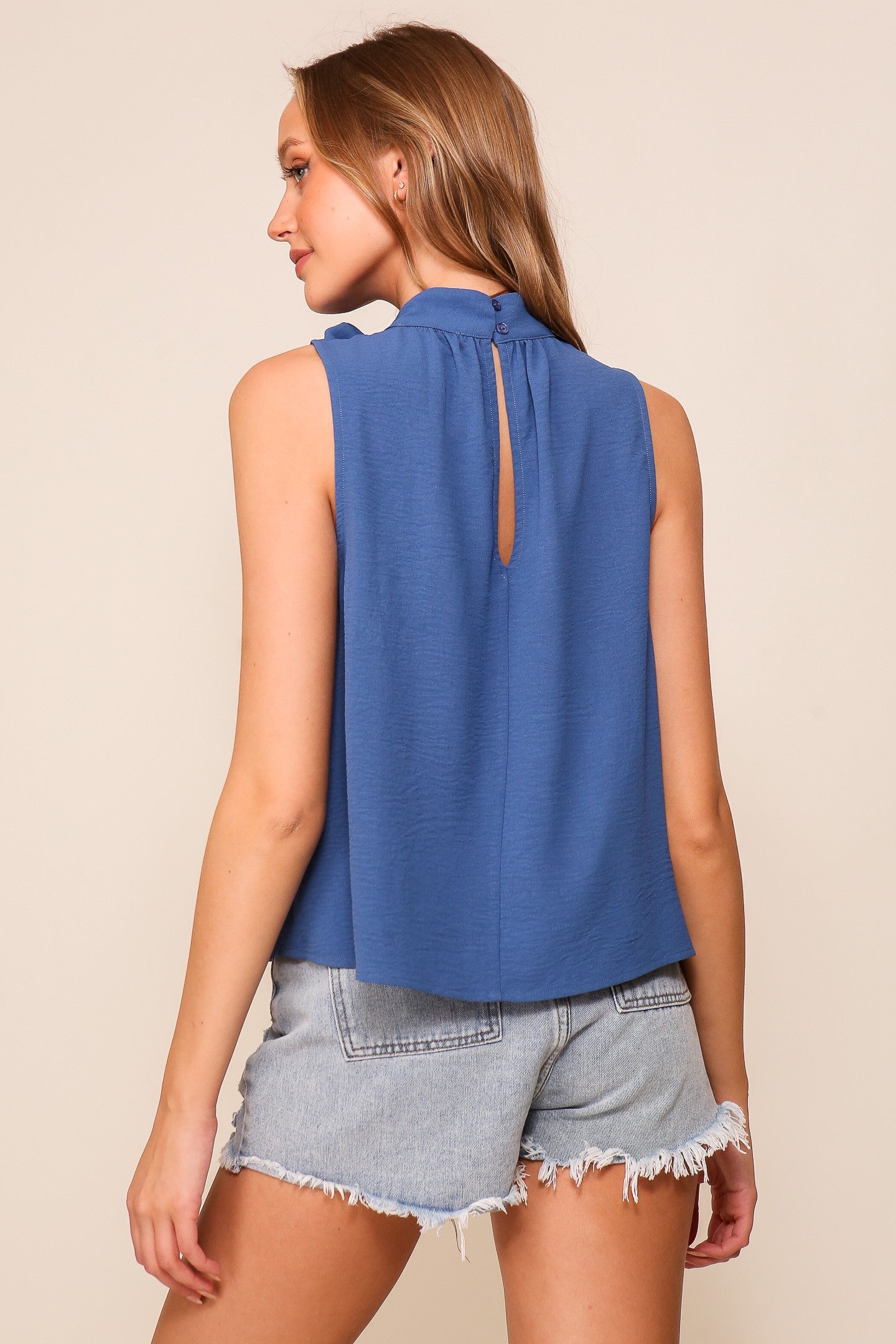 Denim Blue High Neck Top with Flower Pin