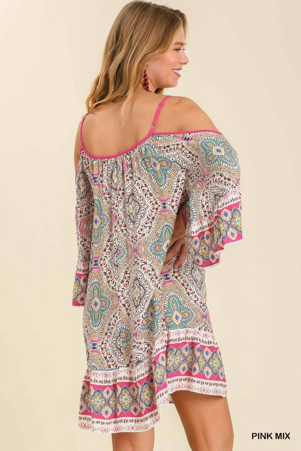 Flattering off-the-shoulder pink dress with whimsical bell sleeves, perfect for parties, dates, or summer events.