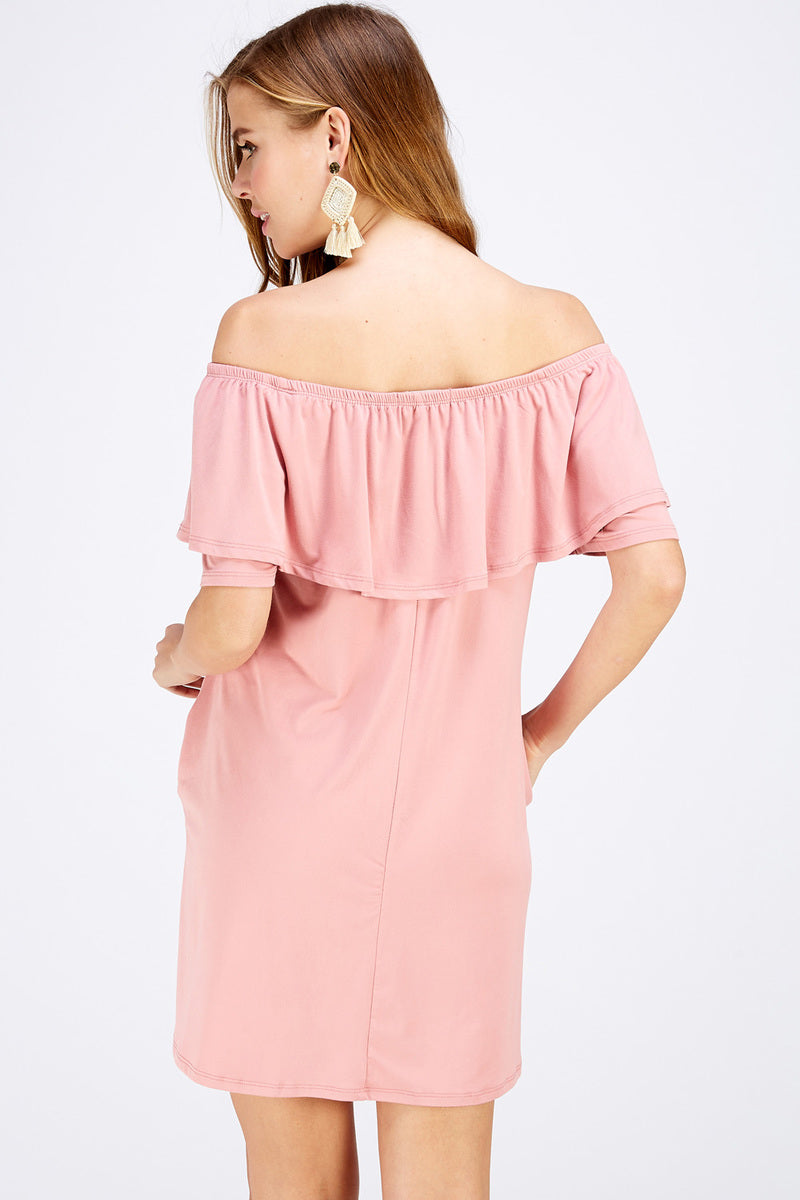 Soft Pink Off Shoulder Mini Dress with Pockets