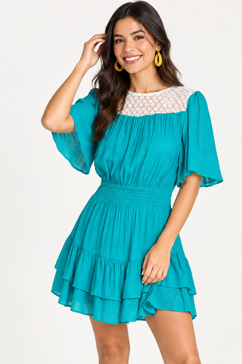 Turquoise Lace Trim Short Sleeve Dress