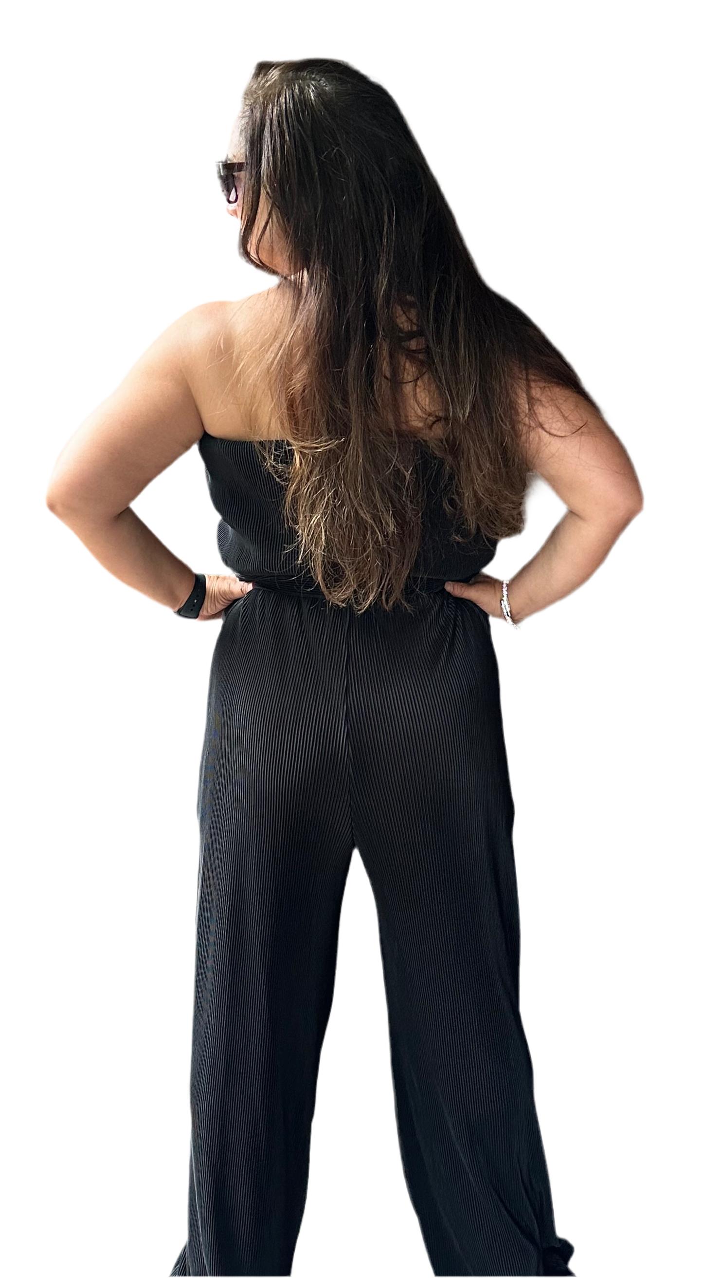 Black Plisse Tube Top Jumpsuit with Waist Tie