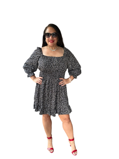 Black/White 3/4 Sleeve Woven Dress