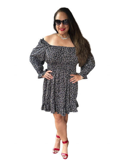 Black/White 3/4 Sleeve Woven Dress