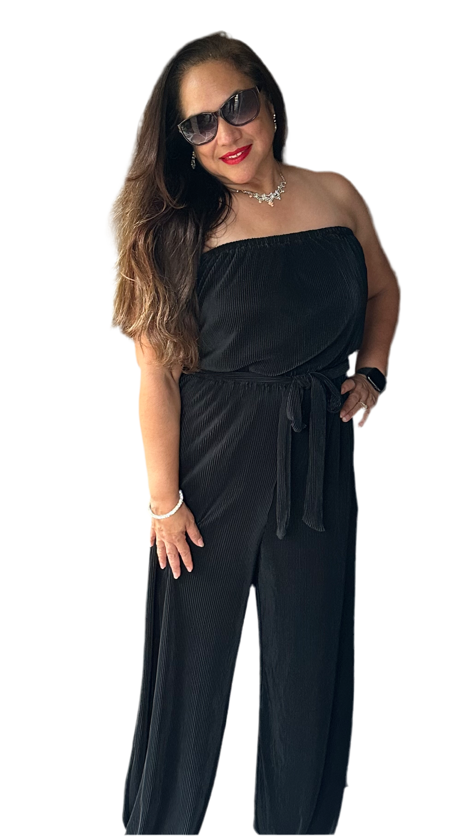 Black Plisse Tube Top Jumpsuit with Waist Tie