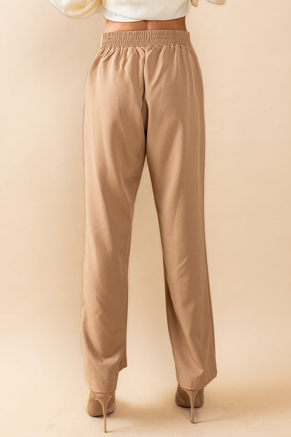 Tan Elastic Waist Wide Leg Pants