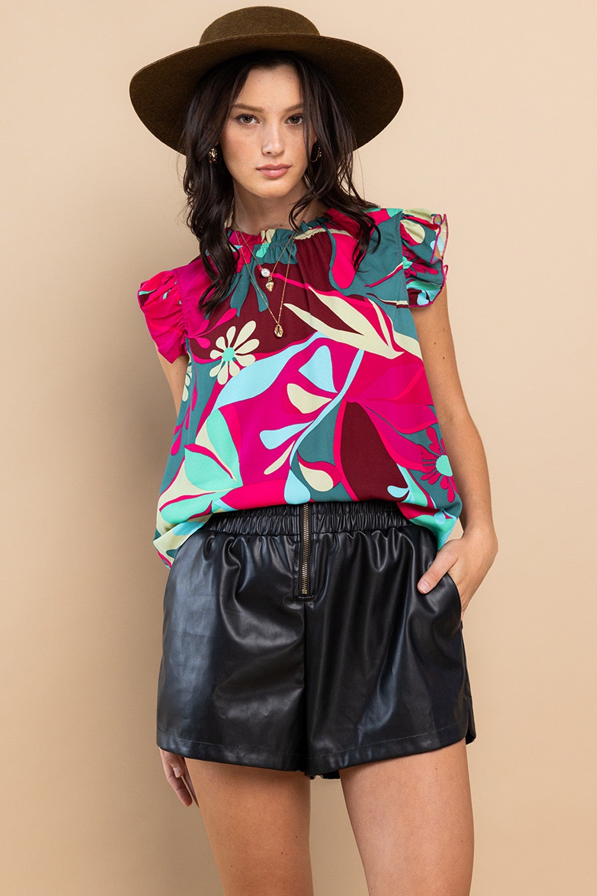 Fuchsia Mix Printed Ruffle Sleeve Top