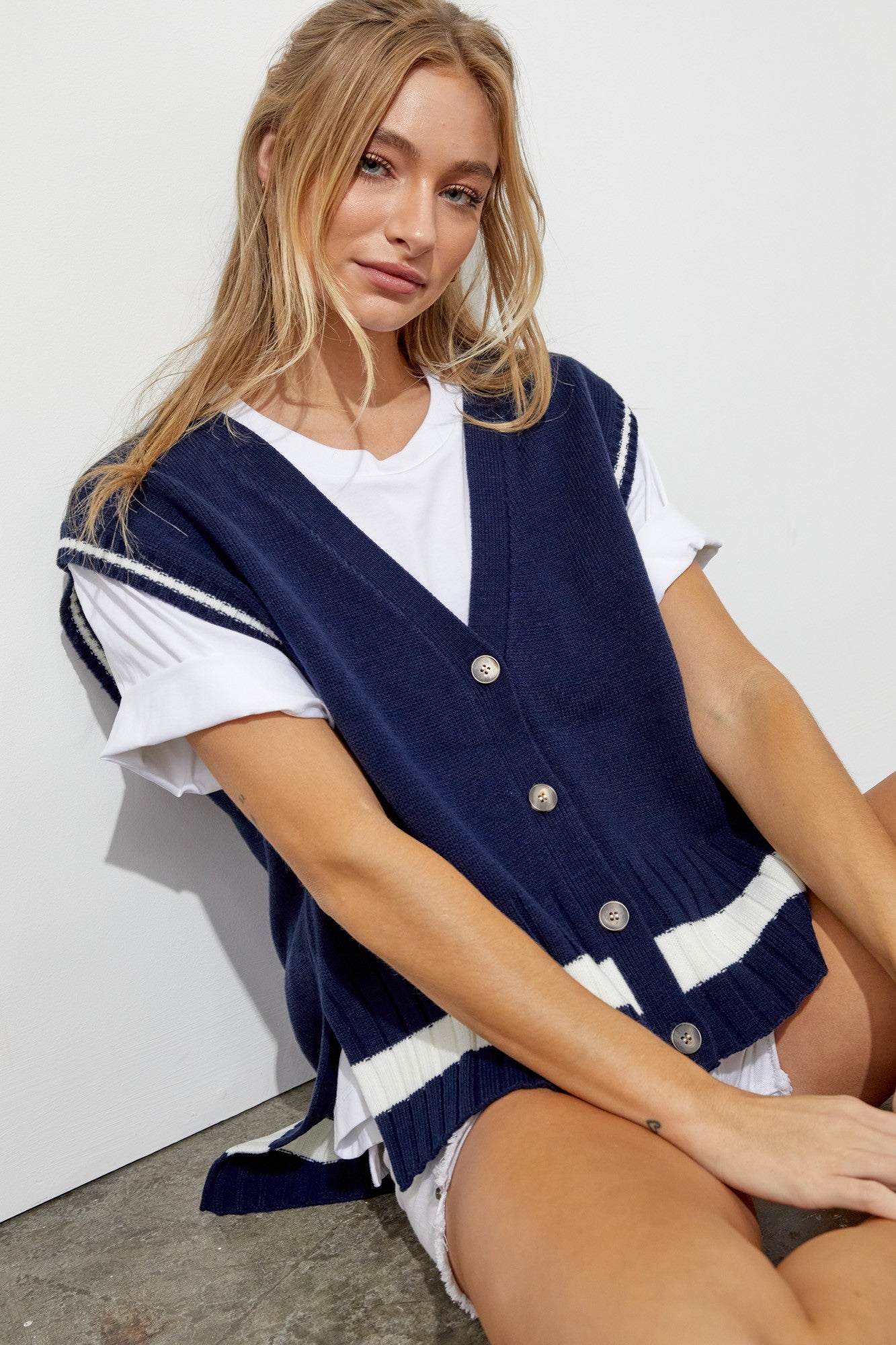 Navy Blue Sleeveless Oversized Cardigan Vest