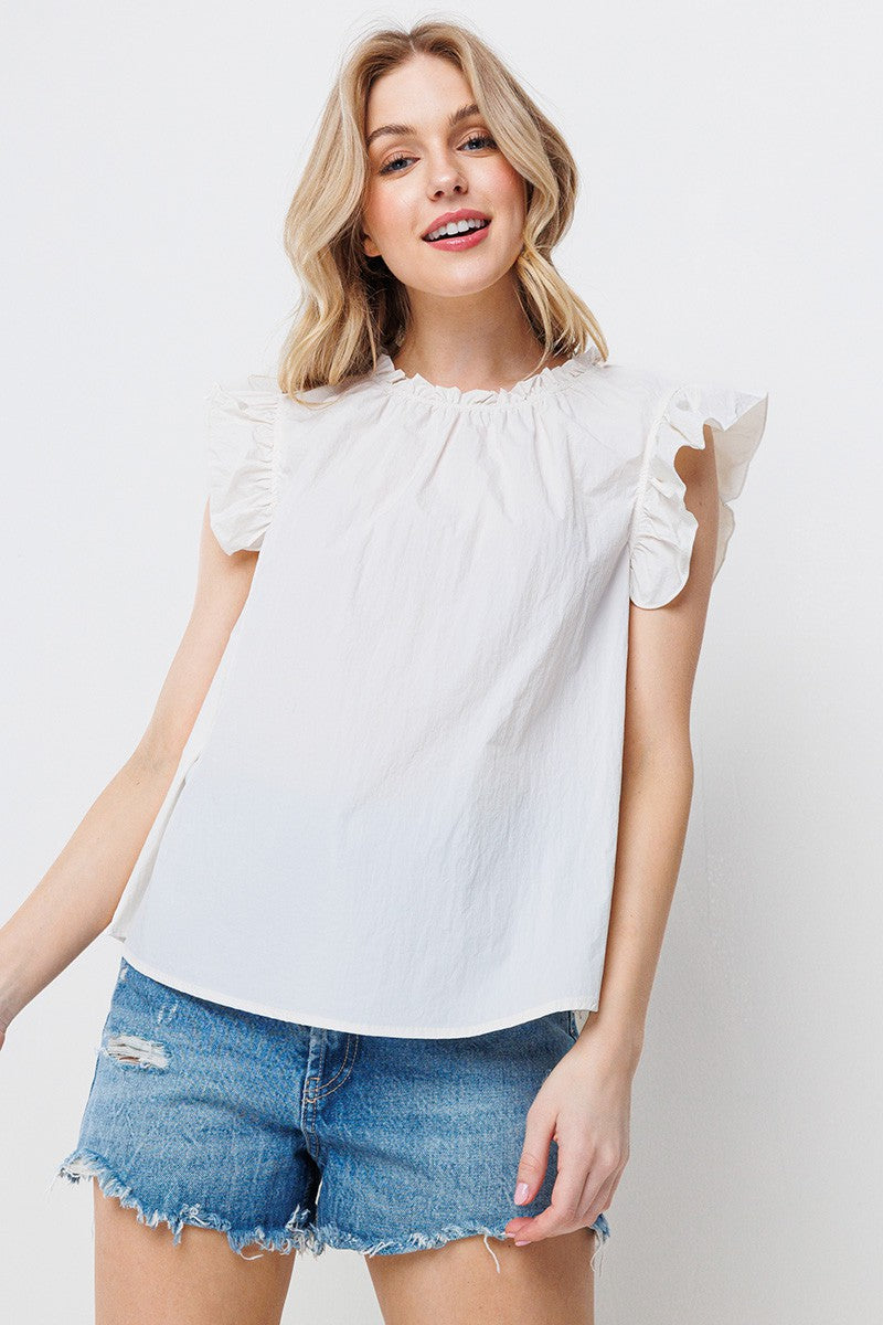 Off White Mock Neck Ruffle Sleeves Top (Nylon Fabric)