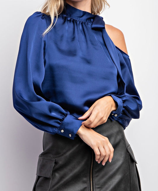 Deep blue satin bow tie neck blouse for women.  