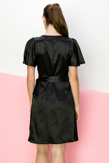 Black Satin V Neck Wrap Dress