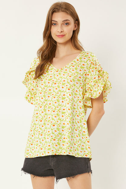 Lime Daisy Print Satin Ruffled Sleeve Blouse