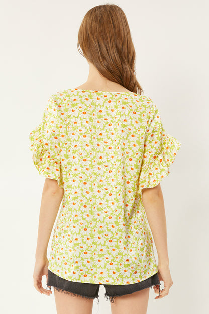 Lime Daisy Print Satin Ruffled Sleeve Blouse