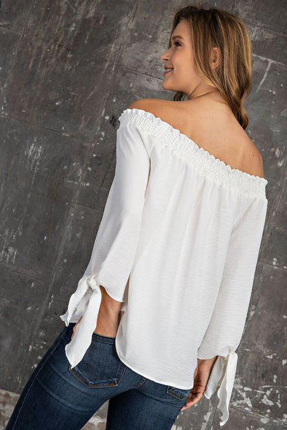 White Smocked Off Shoulder Tie Sleeve Top