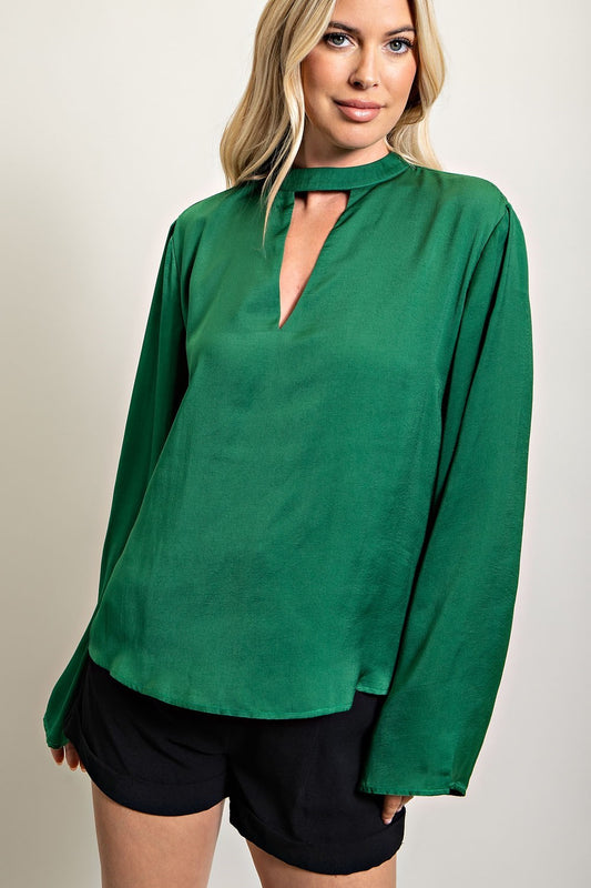 Forest green satin V-neck long sleeve blouse.  