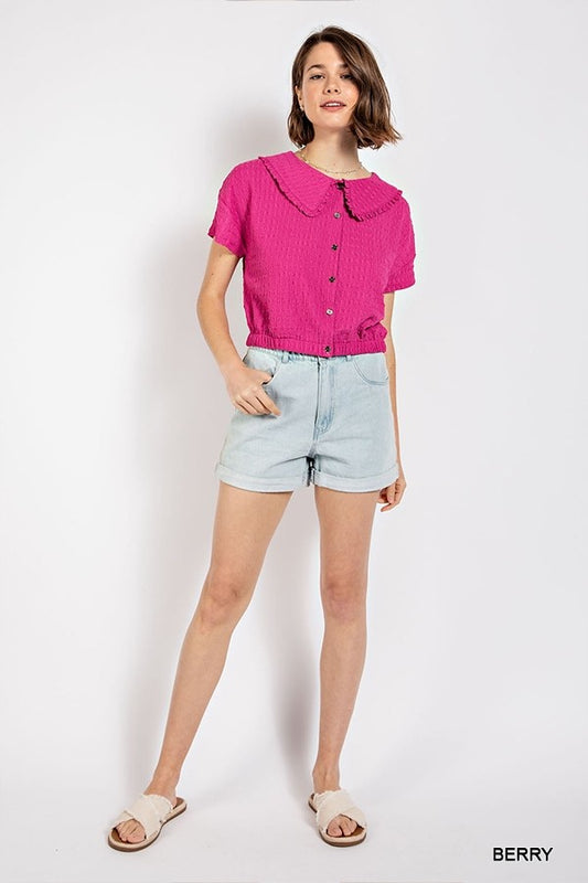 Berry Peter Pan Collar Textured Knit Button Down Top