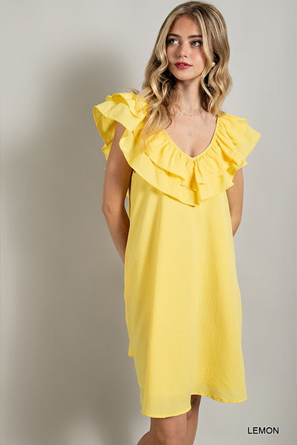 Lemon Ruffled Mini Dress with Side Pocket and Chiffon Lining