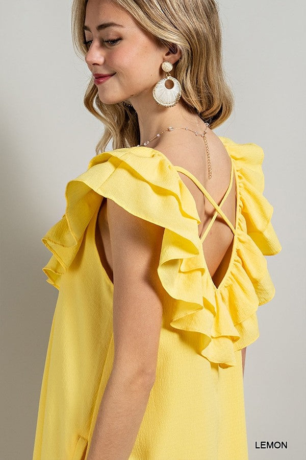 Lemon Ruffled Mini Dress with Side Pocket and Chiffon Lining