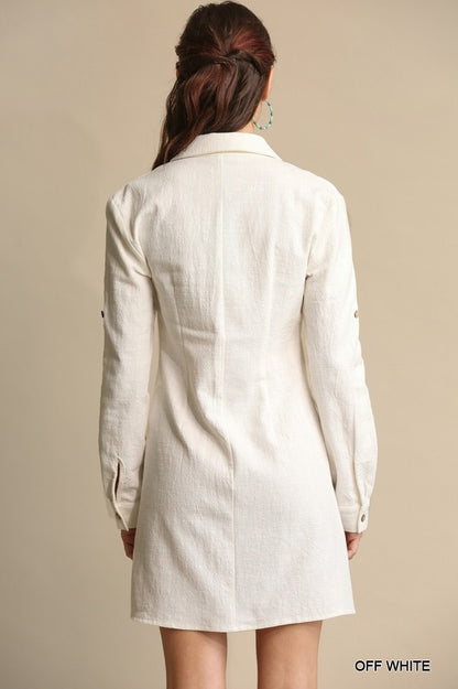 Off White Roll Up Sleeve Shirt Dress with Front Pocket