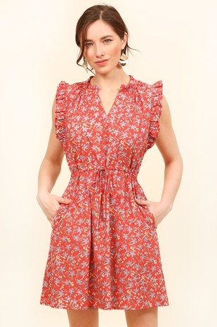 Rusty Red Floral Print Drawstring Waist Dress