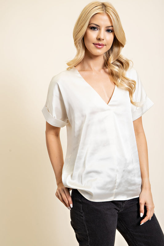 Champagne V Neck Short Sleeve Blouse