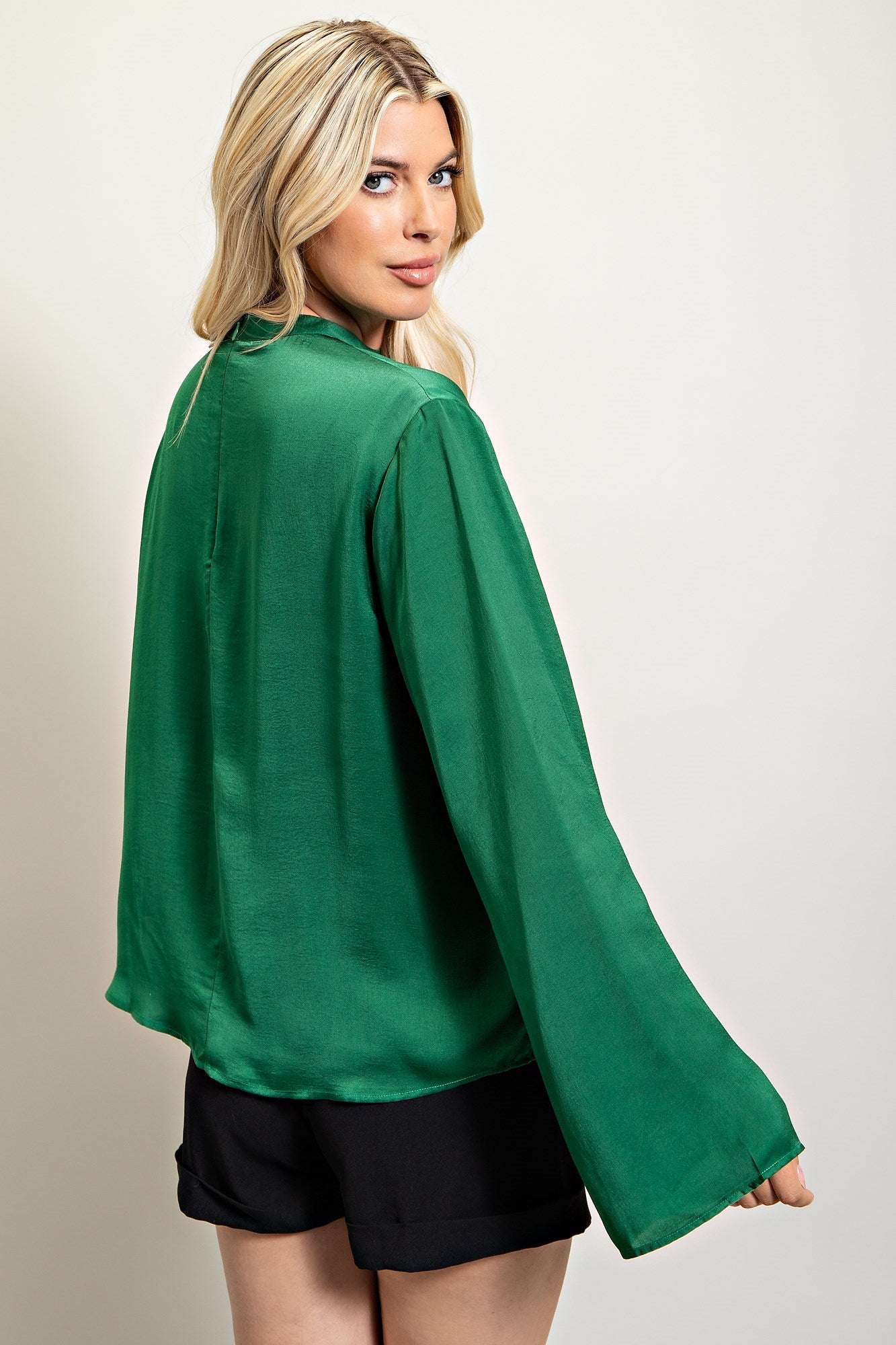 Forest Green Satin V Neck Long Sleeve