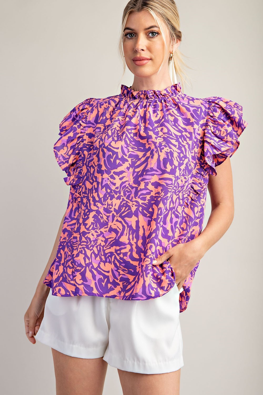 Purple Round Neckline Flutter Sleeve