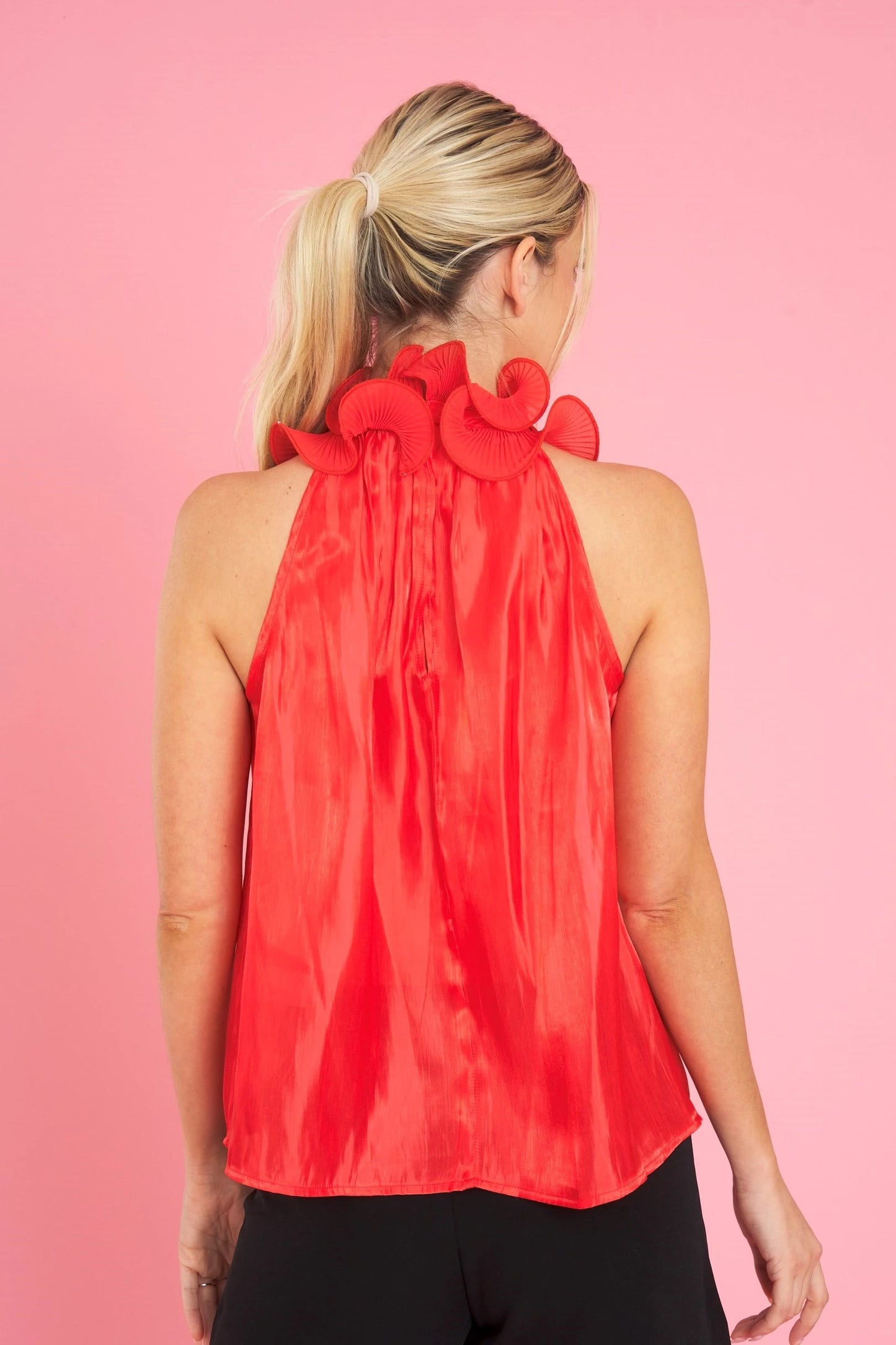 Scarlet Red Sheer Ruffle Neck Top