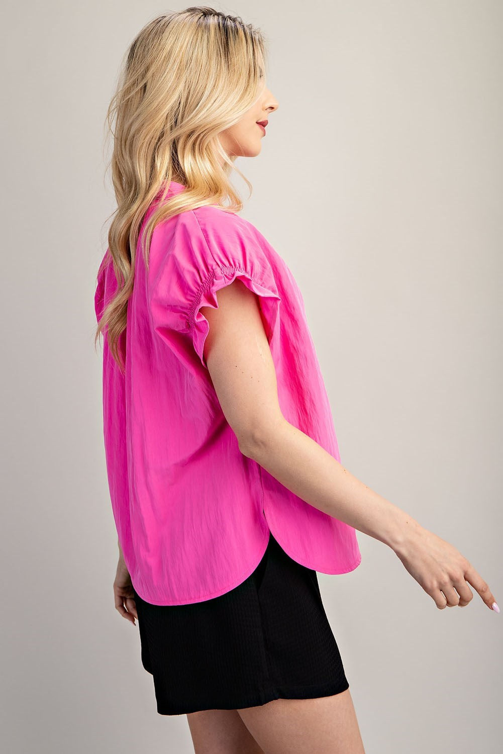 Hot Pink Flutter Short Sleeve Blouse