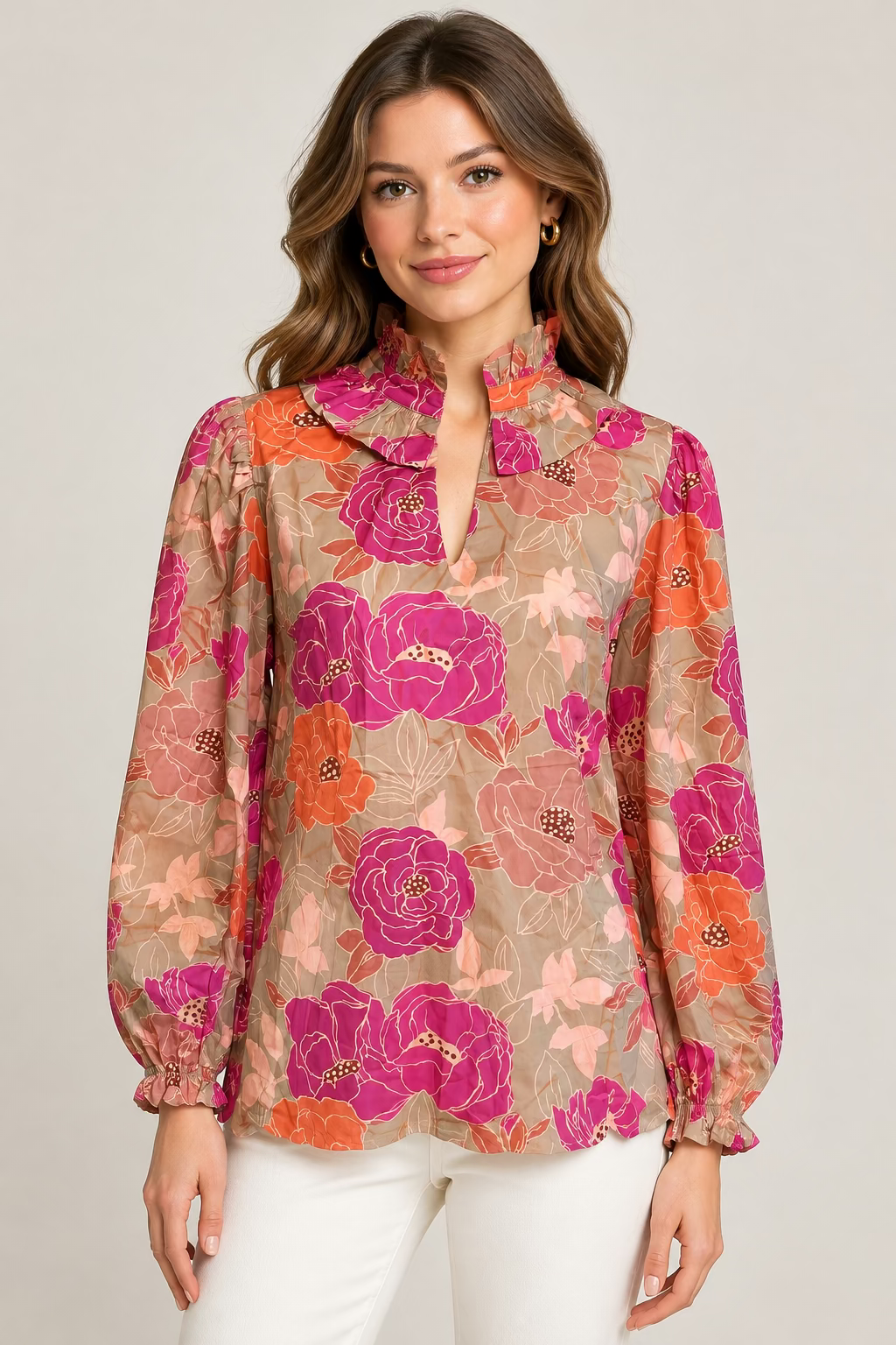Beige and mauve floral long sleeve blouse for women, versatile casual chic and office wear top.