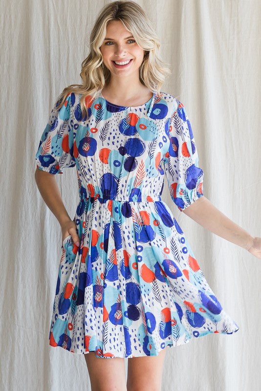 Blue/Orange Mix Smocked Back Tie Dress