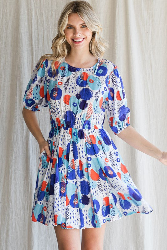 Blue/Orange Mix Smocked Back Tie Dress