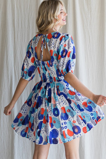 Blue/Orange Mix Smocked Back Tie Dress