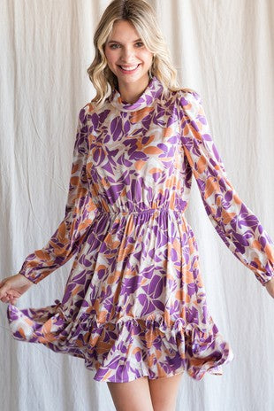 Lavender/Peach Long Sleeve Ruffle Dress