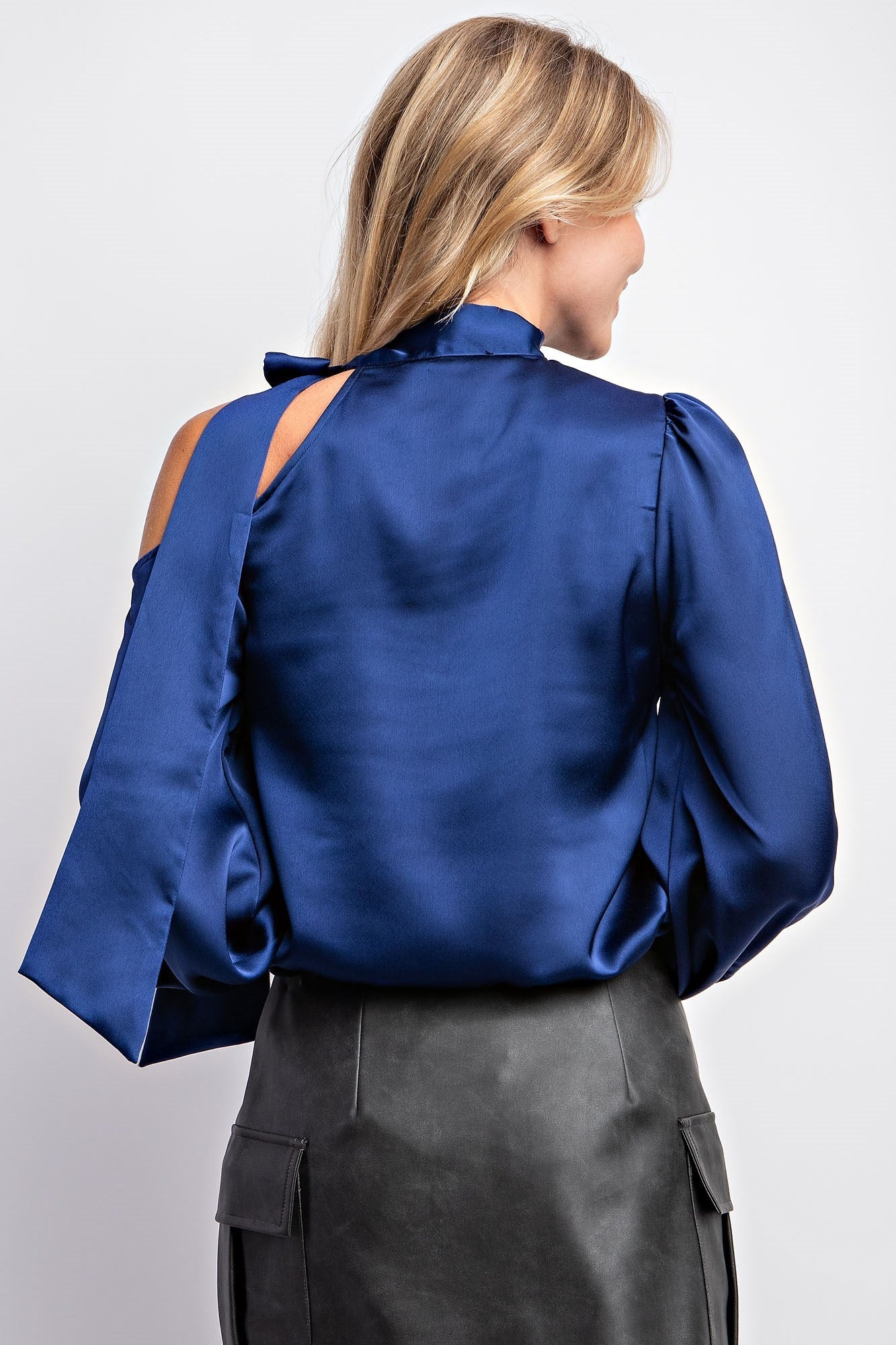 Deep Blue Satin Bow Tie Neck Blouse