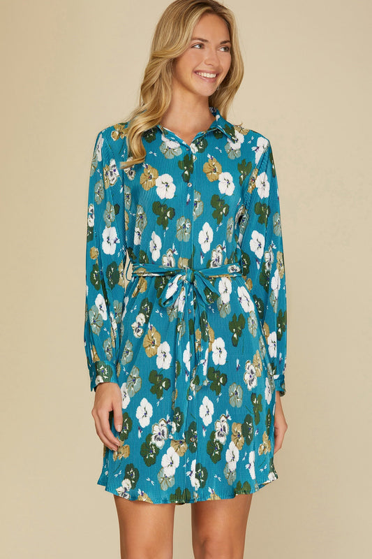 Aqua Blue Floral Plisse Dress