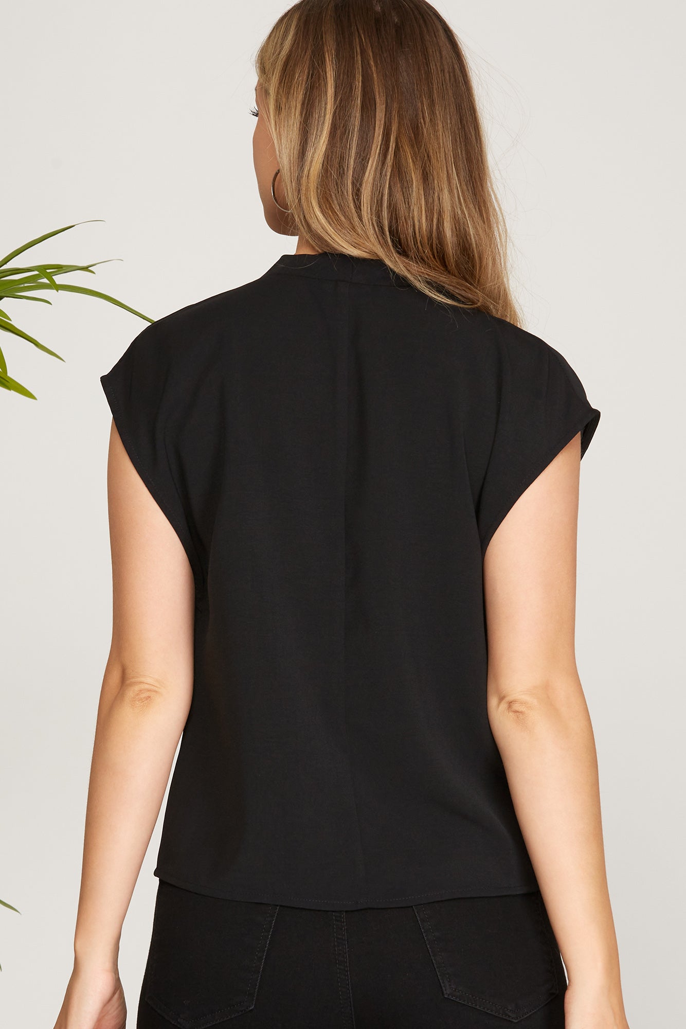 Black Polyester Woven Cowl Neck Top