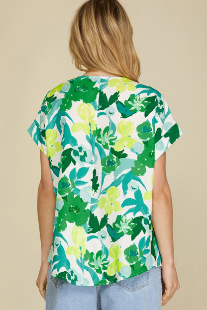 Lime Green Floral Printed Woven Top