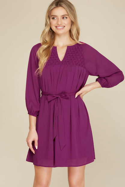 Magenta V Neck Front Tie Dress