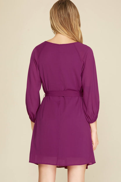 Magenta V Neck Front Tie Dress