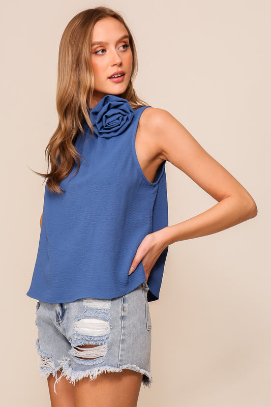 Denim Blue High Neck Top with Flower Pin