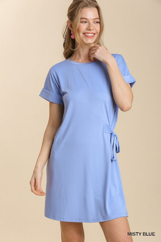 Misty Blue Crew Neck Jersey Dress w/Tie waist