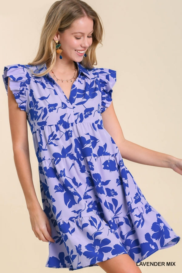 Royal Blue Floral Print Collar Tiered Dress