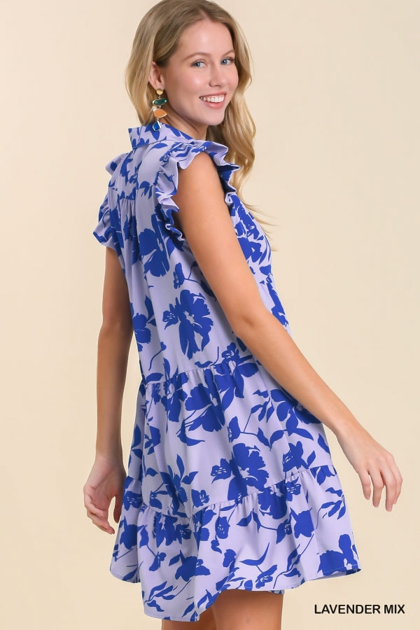 Royal Blue Floral Print Collar Tiered Dress