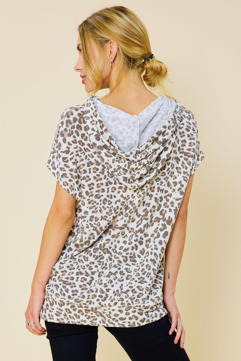 Ivory Animal Print Short Sleeve Hoodie