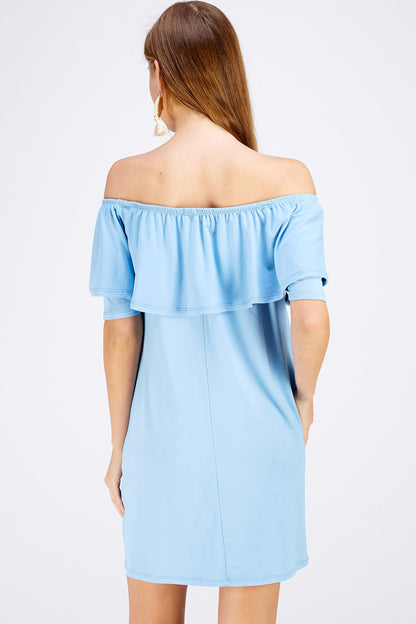 Baby Blue Off Shoulder Mini Dress with Pockets