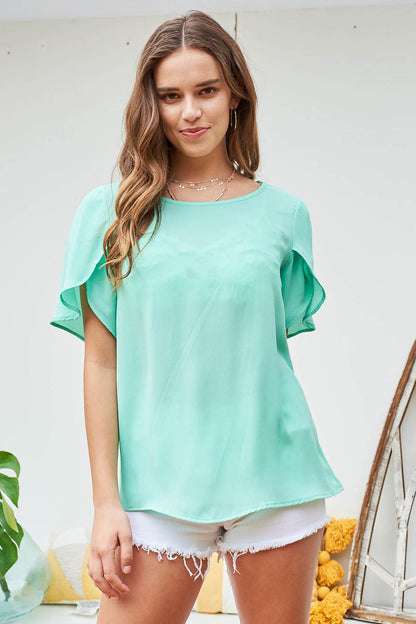 Mint Short Sleeve Solid Woven Sheer Blouse