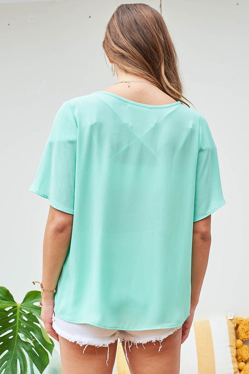 Mint Short Sleeve Solid Woven Sheer Blouse